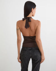 Amuri V-Neck Top in Satin Dark Brown