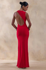 Neile | Red Crew-Neck Maxi Dress With Cut-Out and Sash Details
