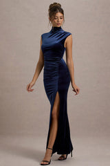 Abilene | Navy Velvet High-Neck Split Maxi Dress