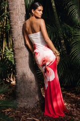 Ceremony | Large Pink Floral Print Bandeau Fishtail Maxi Dress