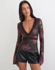 Yudo Top in Brown with Pink Polka Dots and Roses Print