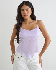 Mirelle Handkerchief Cami Top in Chiffon Lilac Polka Dot