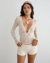 Mahota Deep Plunge Long Sleeve Top in Lace Ivory