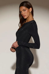 Embellished Crew-Neck Long-Sleeve Top in Black
