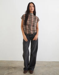 Sekala Top in Brown and Pink Blurry Check