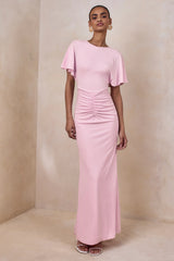 Grandeur | Pale Pink High-Neck Ruched Maxi Dress
