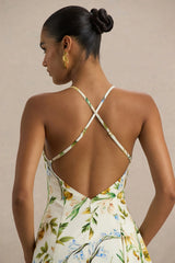 Glint | Lemon Floral Print Satin Plunge-Neck Maxi Dress With Asymmetric Hem