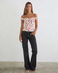 Switi Bardot Top in Cream with Red Leafy Lily Flock