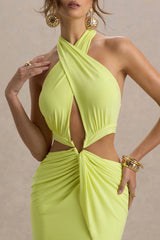 Aura | Lime Green Halter-Neck Cut-Out Split Maxi Dress