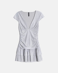 Mowgli Cap Sleeve Mini Dress in Grey with Micro White Polka