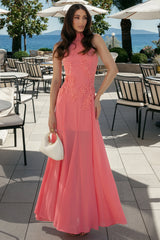 Just Like Magic | Coral High-Neck Maxi Dress With Lace Detailing