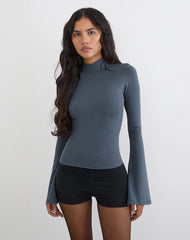 Nell High Neck Long Sleeve Top in Jersey Ocean Storm