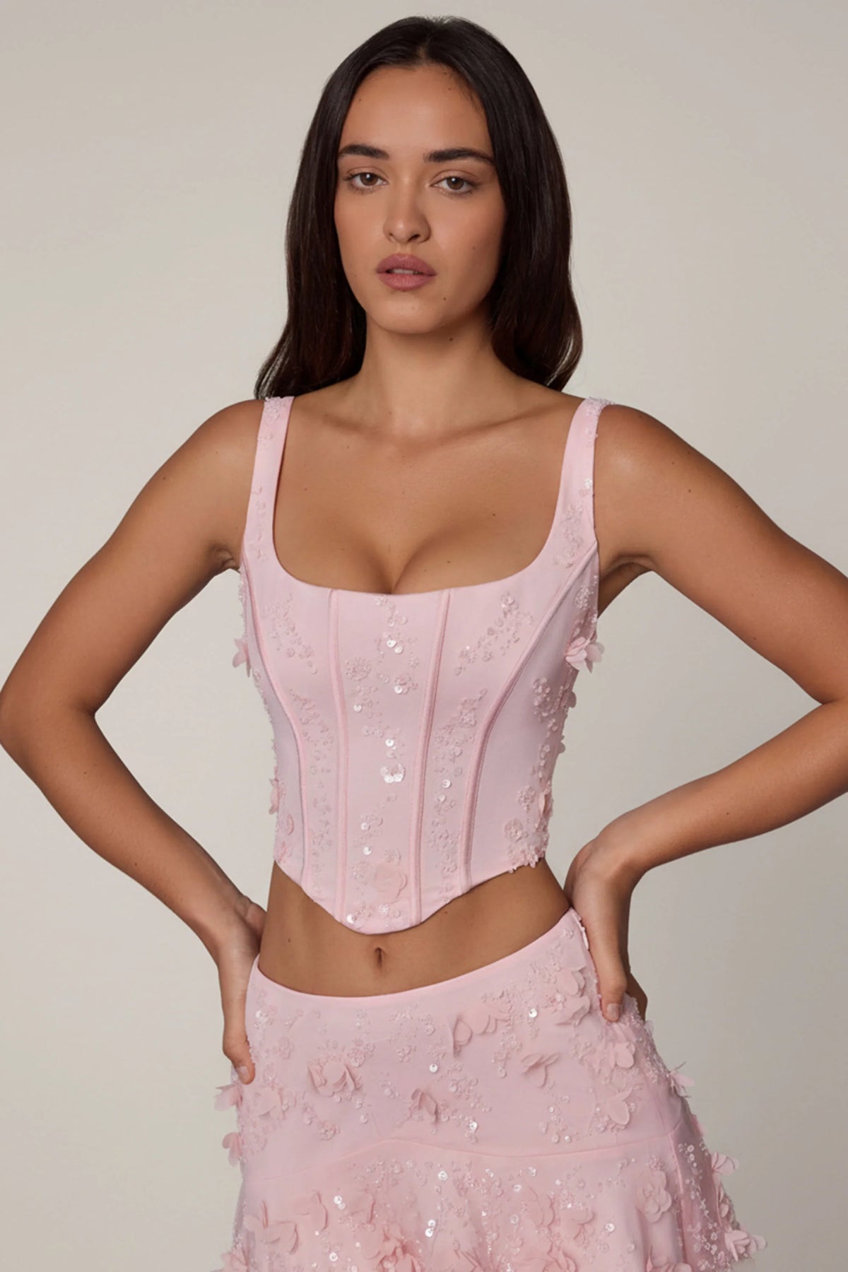Embellished Lace-Up Corset Top in Soft Pink