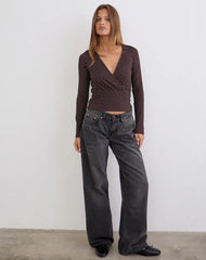 Sheon Long Sleeve Top in Rayon Jersey Brown with Micro Polka Print