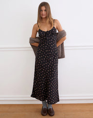 Posine Maxi Dress in Black with Red Rose Ditsy Print