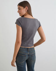 Obanai Short Sleeve V Neck Top in Charcoal Grey