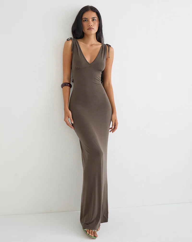Sanyu Plunge Maxi Dress in Cupro Dark Brown
