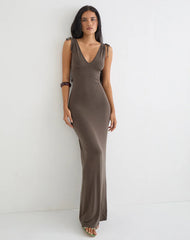 Sanyu Plunge Maxi Dress in Cupro Dark Brown