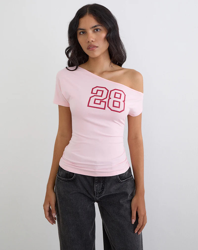 Danama One Shoulder Top in Rayon Jersey Light Pink with '28' Graphic