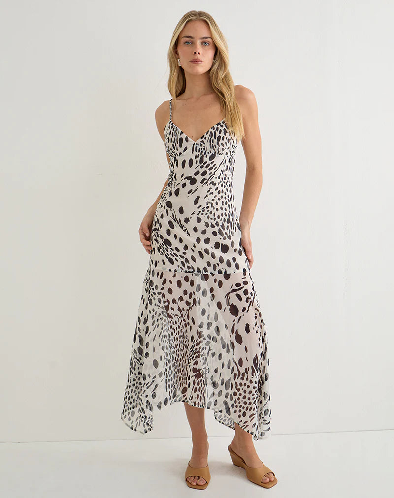 Vakare Midi Dress in Dalmatian Skin Black and Ivory