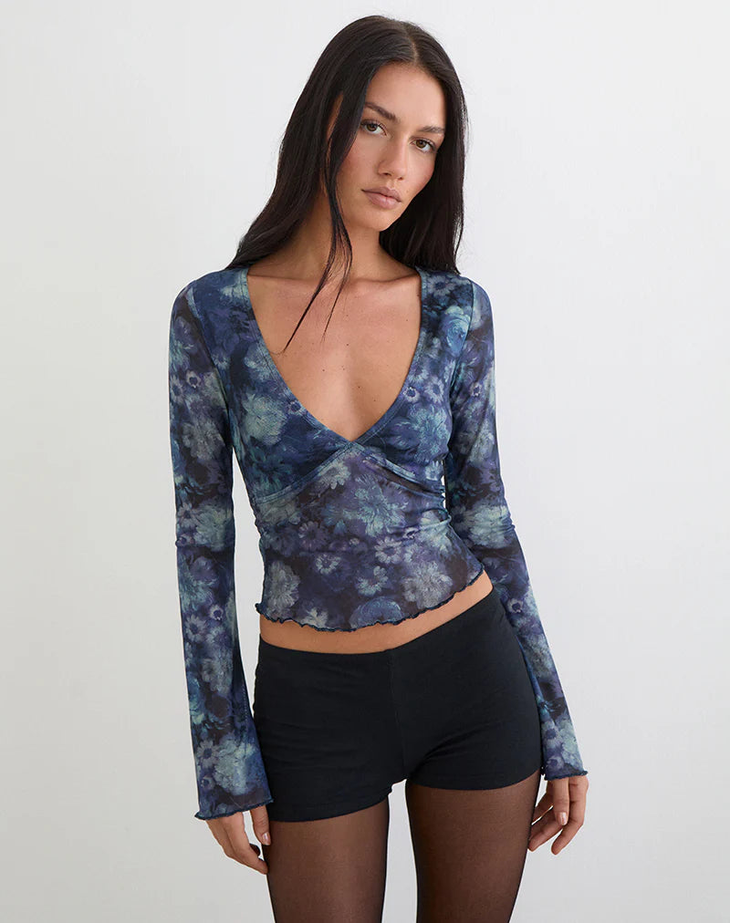 Yamuna Long Sleeve Top in Dark Blue Arty Flower Mesh