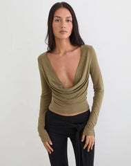 Adaya Long Sleeve Cowl Top in Cupro Olive Stone