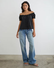 Tempest Bardot Puff Sleeve Top in Poplin Black