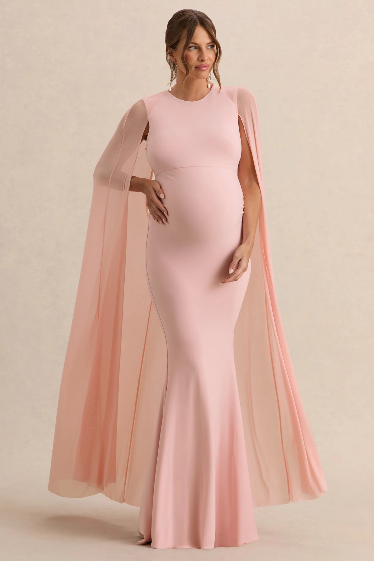 Currant | Pink Crew-Neck Maternity Maxi Dress With Cape