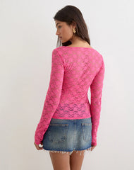 Amabon Long Sleeve Top in Lace Hot Pink