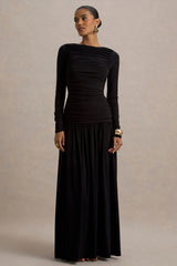 Aniyah | Black High-Neck Maxi Dress With Ruched Detailing