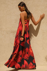 Bergamot | Black And Red Floral Print Satin Sweetheart Maxi Dress