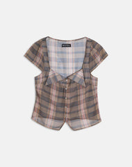 Meraki Blouse Top in Brown and Pink Blurry Check