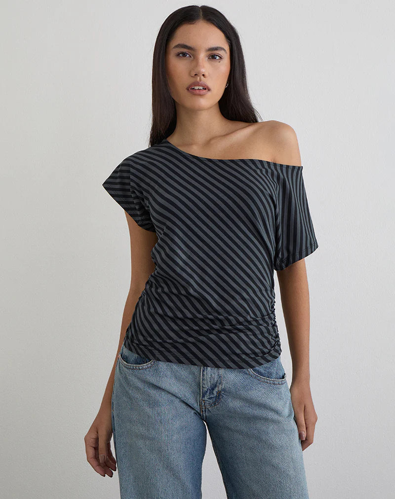 Danama One Shoulder Top in Oblique Stripe Ocean Storm