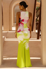 Marlo | Lime Floral Print High-Neck Maxi Dress