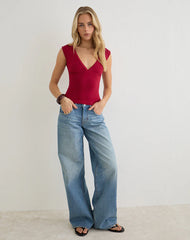 Emberly Plunge Top in Red with Micro Polka Black