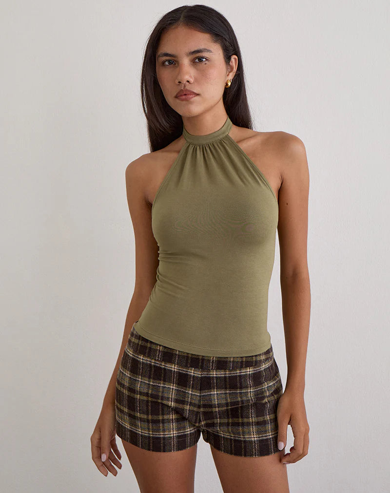 Raceline Halterneck Top in Rayon Jersey Khaki
