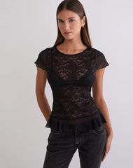 Roselani Ruffle Hem Top in Lace Black