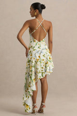 Glint | Lemon Floral Print Satin Plunge-Neck Maxi Dress With Asymmetric Hem