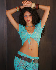 Mirea Shrug Top in Crochet Knit Aqua Sky