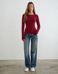 Zinta Long Sleeve Button Up Top in Rib Knit Dark Maroon