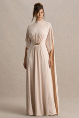 Olessia | Champagne Belted Gathered Cape-Sleeve Maxi Dress