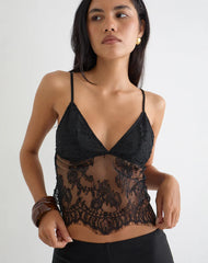 Kaika Plunge Cami Top in Eyelash Lace Black