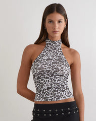 Galile High Neck Top in Jersey Blurry Leopard Grey