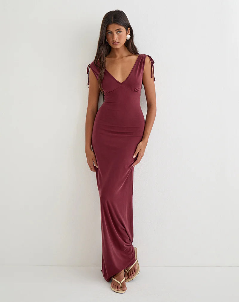 Sanyu Plunge Maxi Dress in Cupro Burgundy