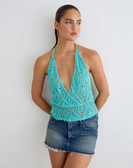 Allyne Halter Top in Crochet Knit Aqua Sky