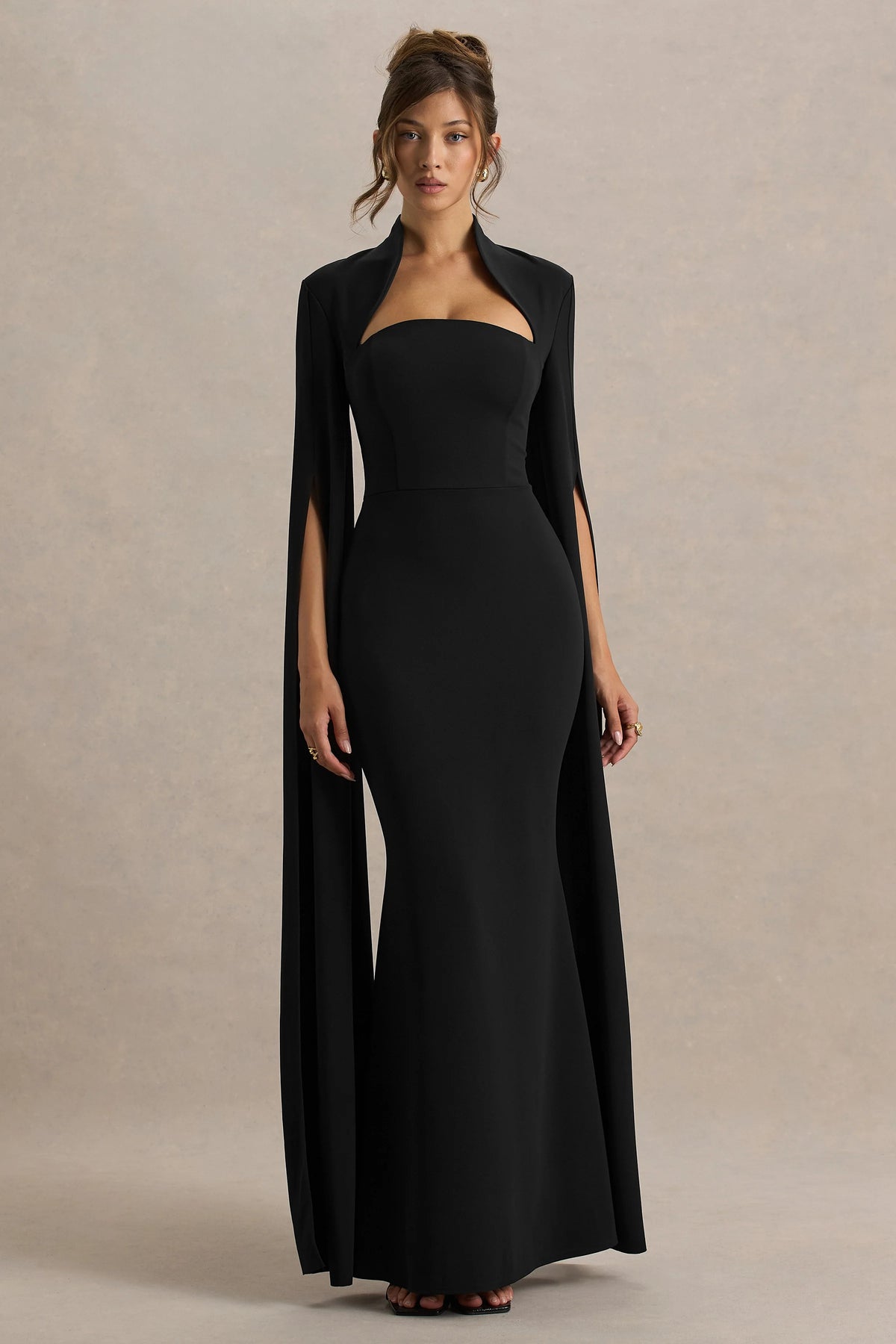 Esme | Black Square-Neck Maxi Dress With Cape Sleeves
