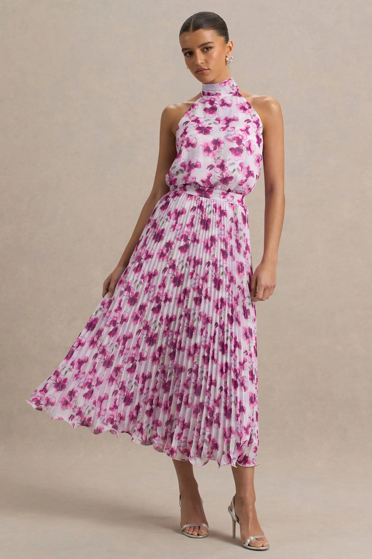 Refractive | Purple Floral Print Satin Maxi Dress With Halter-Neck and Pleated Skirt
