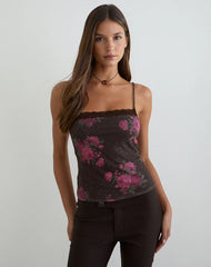 Anoda Cami Top in Brown with Pink Polka Dots and Roses Print