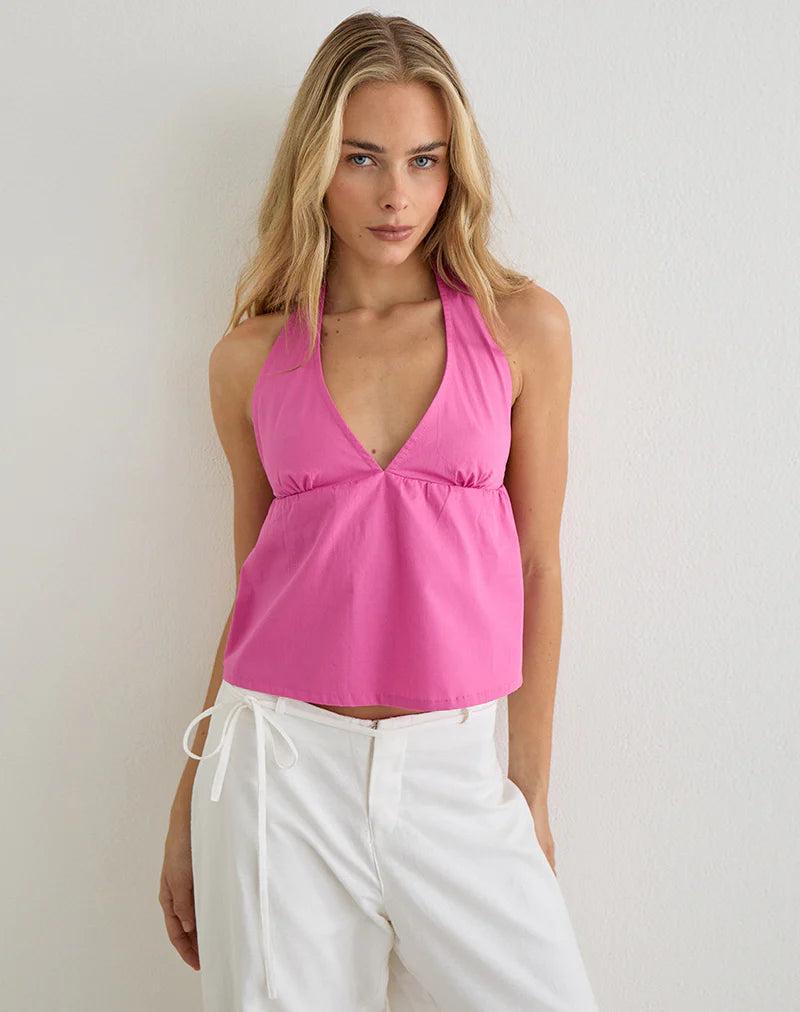 Eldana Halterneck Top in Poplin Pink Rose