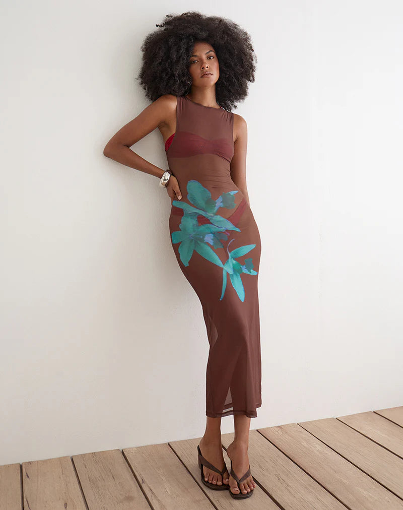 Fay Midi Dress in Brown with Blue Desert Rose